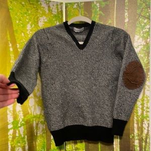 Cashmere blend black white houndstooth sweater brown leather elbow pads v neck